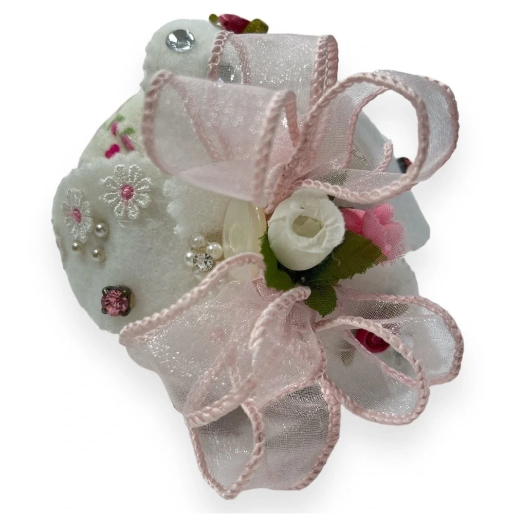Handmade‎ Strawberry Pin Cushion Floral Rose Bud and Ribbons Pink Survivor Print